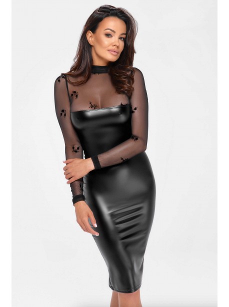 F310 Sublime wetlook and flocked mesh midi dress