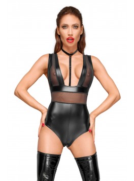 F183 Powerwetlook body with wide straps, tulle inserts and velvet choker