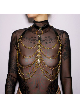 Leather chest harness and chains Gold